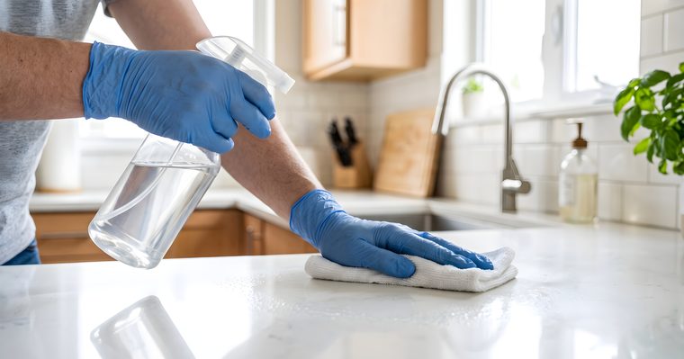 Cocina durante una limpieza a fondo, por encimera y frentes
