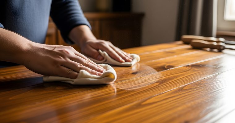Paño pasando por la superficie de un mueble de madera barnizada
