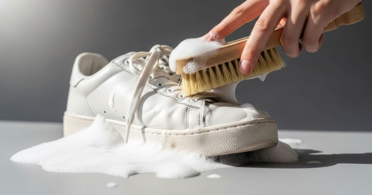Cepillo limpiando la suela y el empeine de una zapatilla blanca